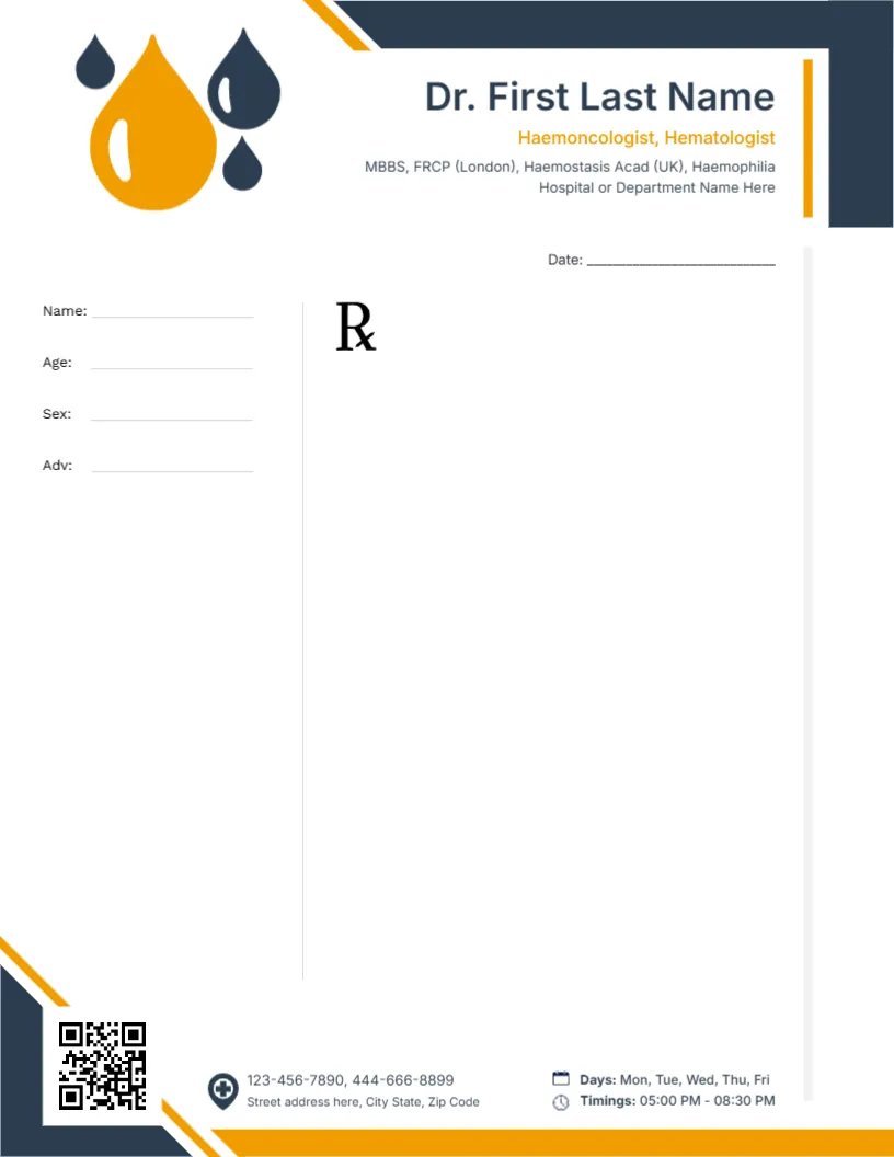 Professional Hematologist Prescription Pad Template