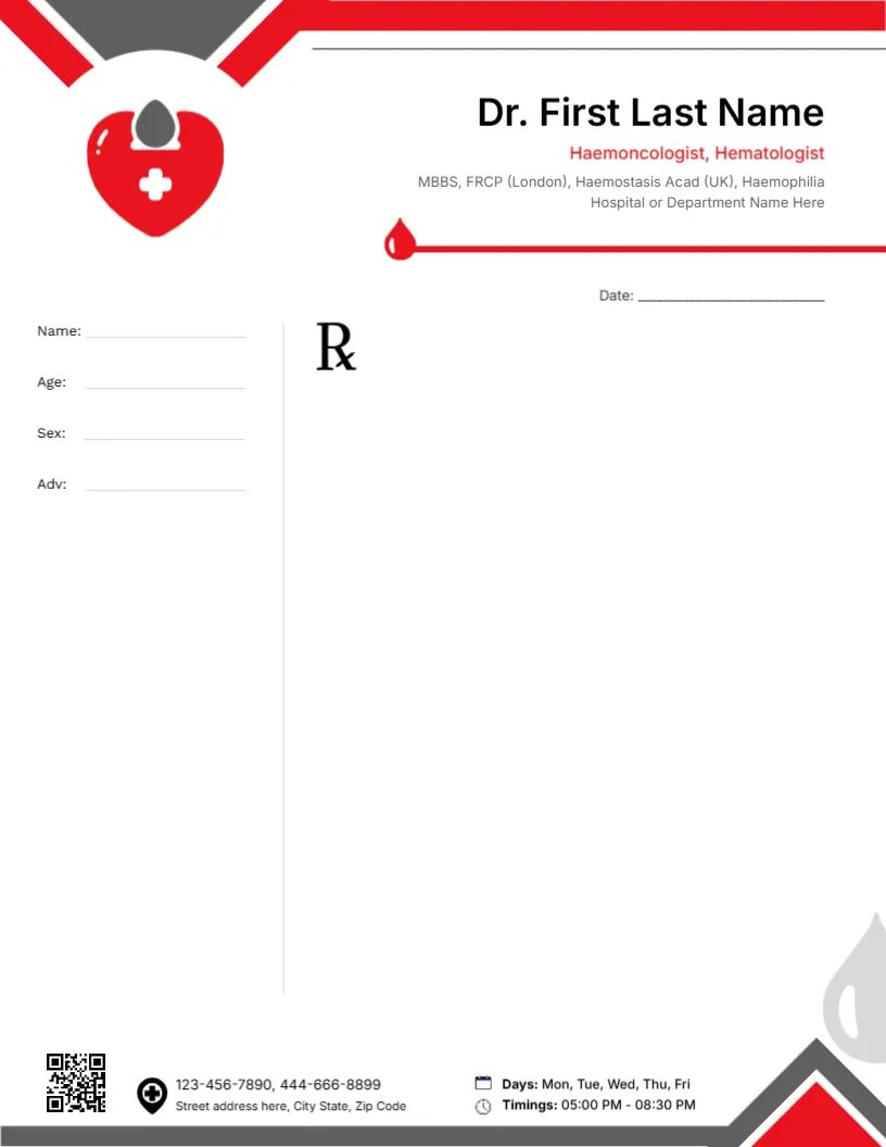 Specialist Hematology Prescription Template