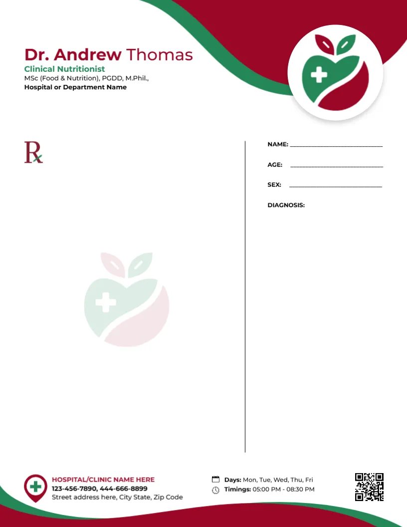 Clinical Nutritionist Prescription Template
