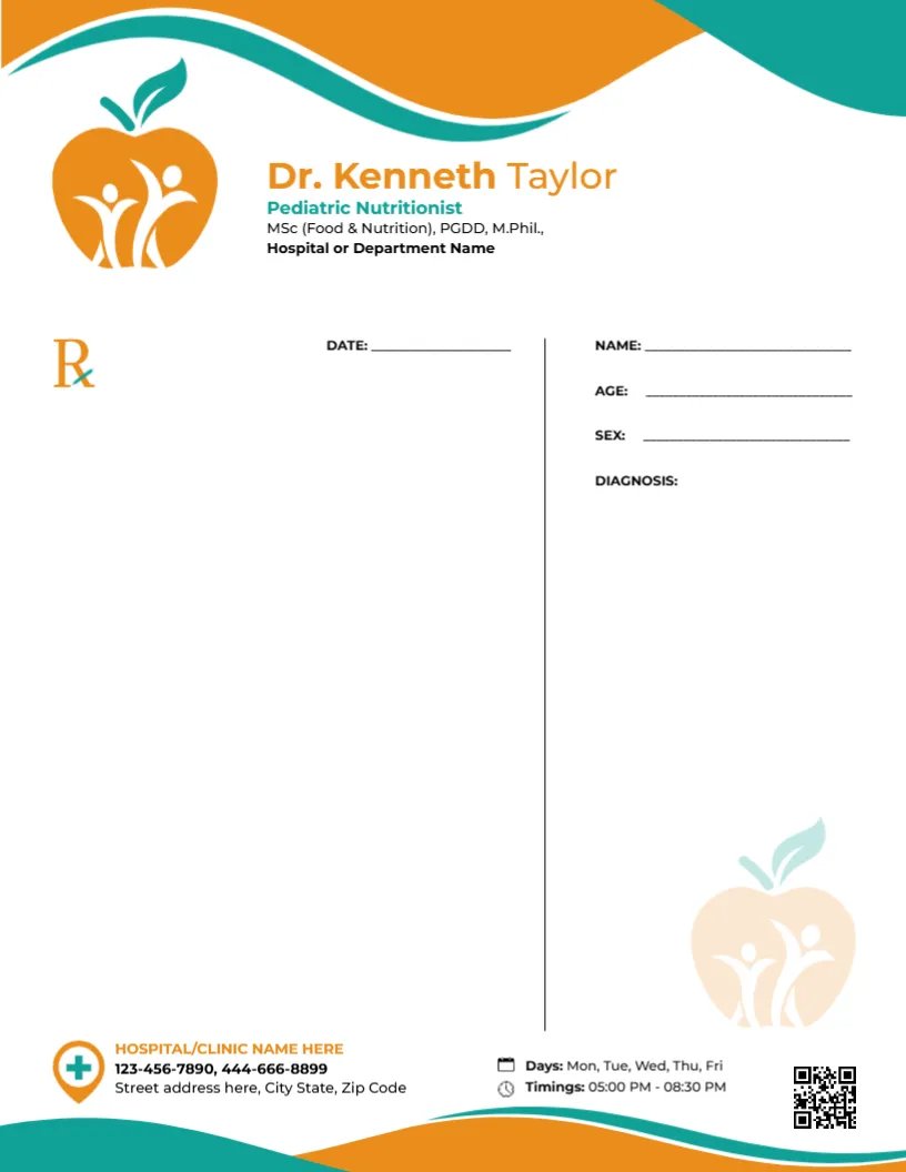 Pediatric Nutritionist Prescription Template