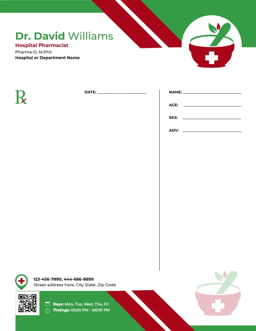Hospital Pharmacist Prescription Template